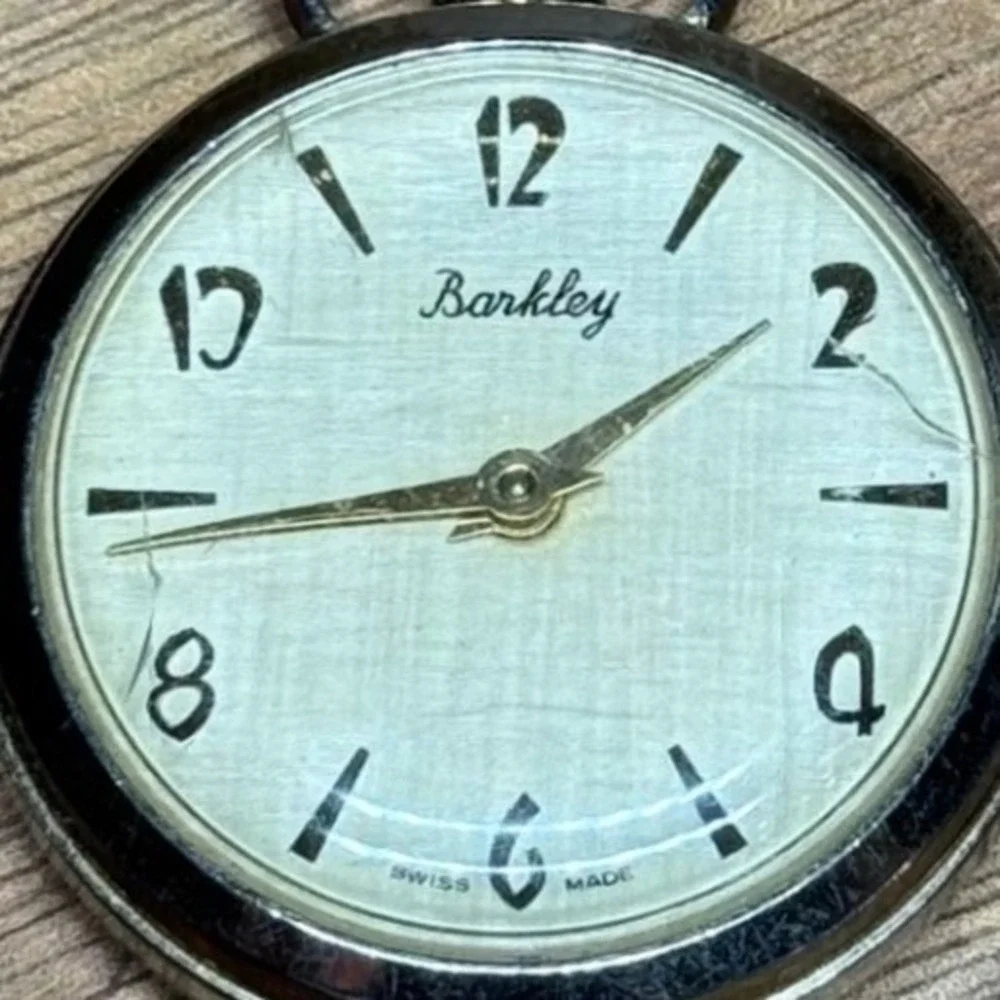 Vintage Barkley Swiss Made Pocket Watch Linen Dial Embossed Scroll Back